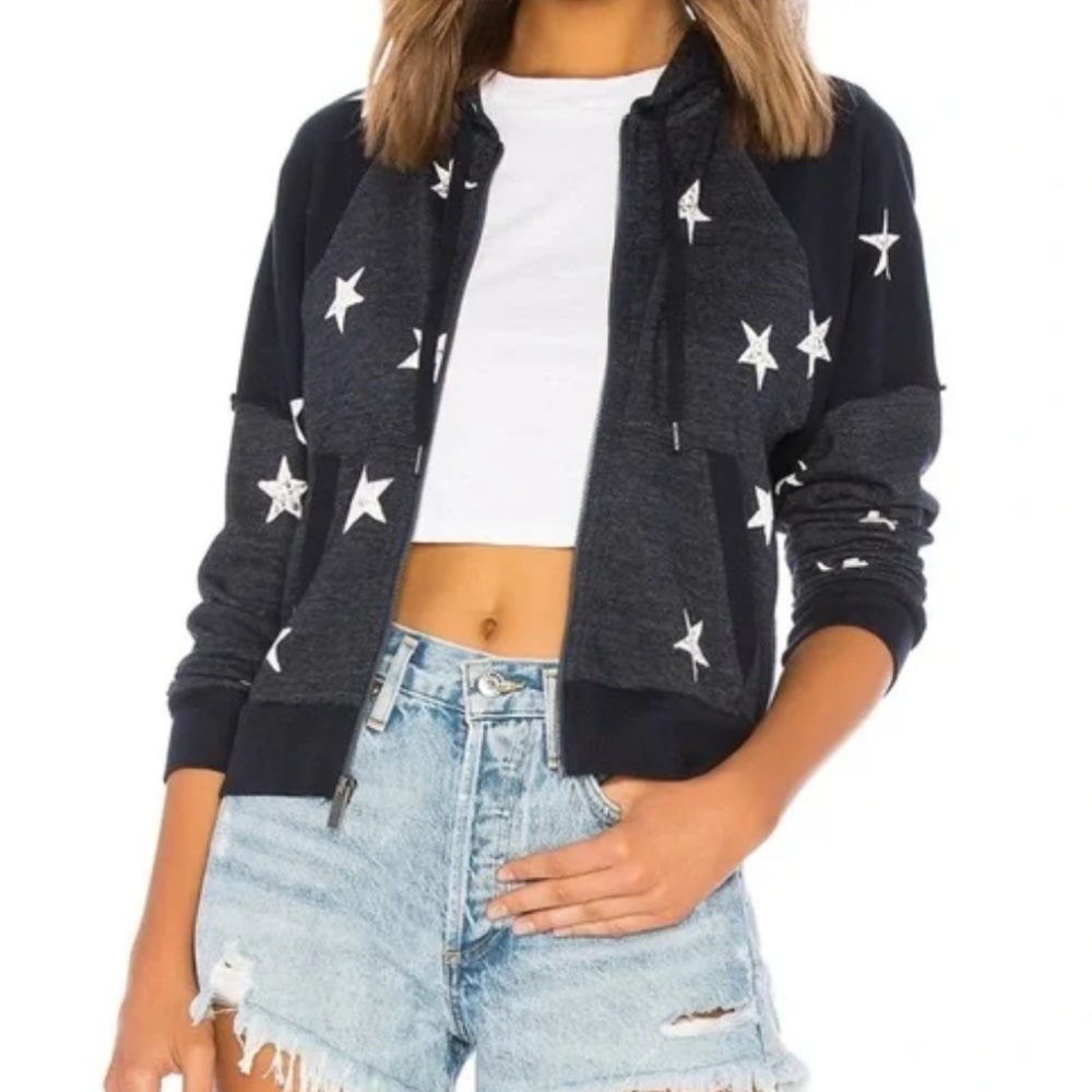Splendid Star Print Zip Up Hoodie Hooded Sweatshirt Size Small Navy Blue White - Picture 3 of 13